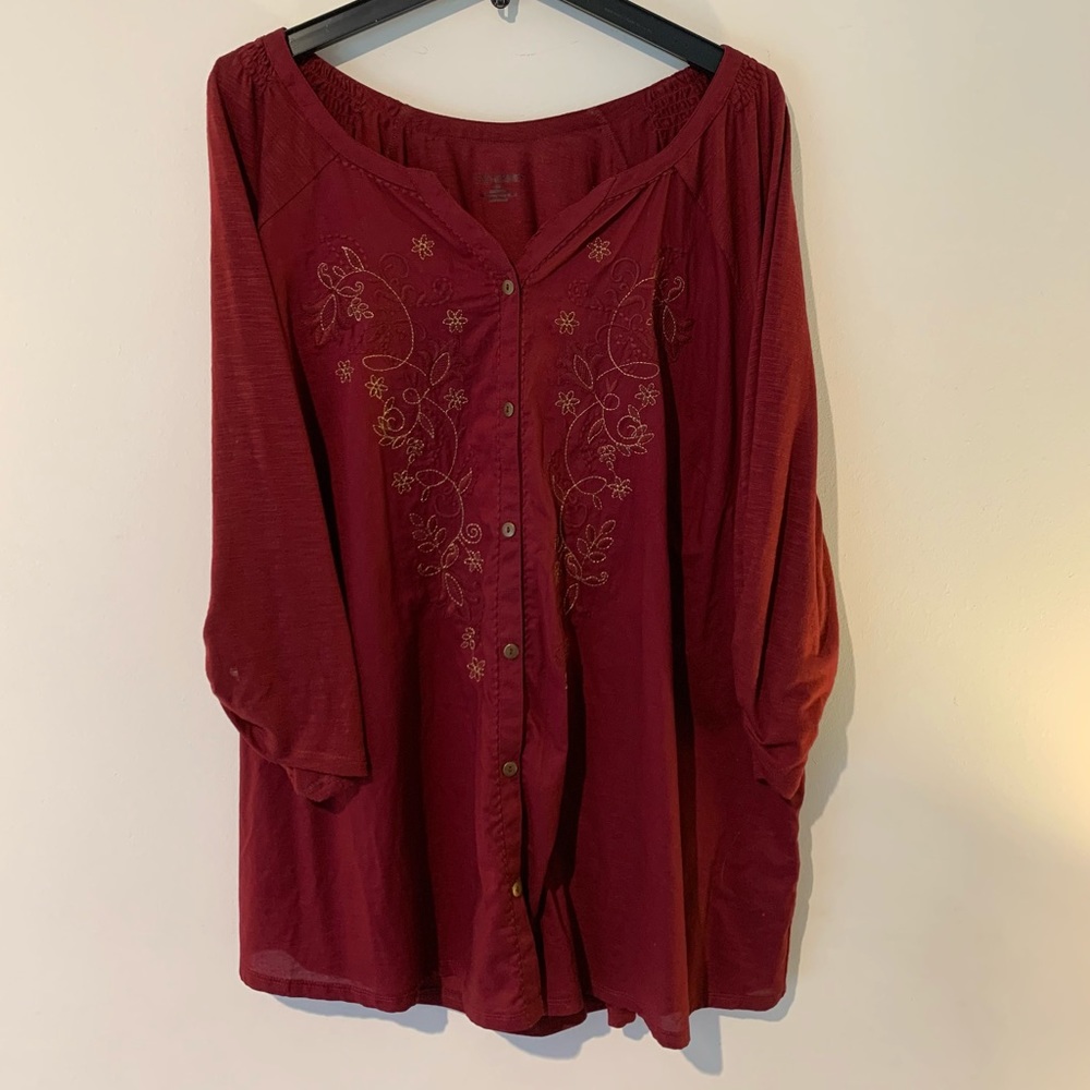 Catherine’s burgundy embroidered top, size 2X